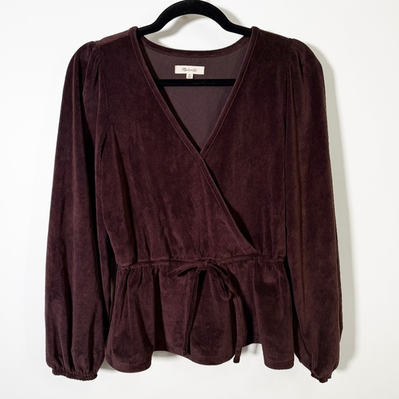 Madewell - Corduroy Tie-Front Faux-Wrap Peplum Top Dark Purple/Burgundy Small - Picture 1 of 8